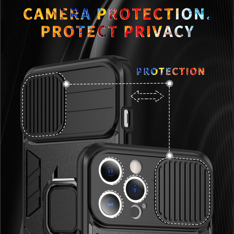 Sliding Camera Cover Design TPU + PC Shockproof Case with Ring Holder For iPhone 13 Pro(Blue)
