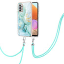 For Samsung Galaxy A32 4G EU Version Electroplating Marble Pattern IMD TPU Shockproof Case with Neck Lanyard(Green 003)