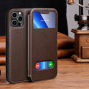 Yak Texture Horizontal Flip View Time Top Layer Cowhide Leather Case with Holder & Call Display ID For iPhone 13 Pro Max(Brown)