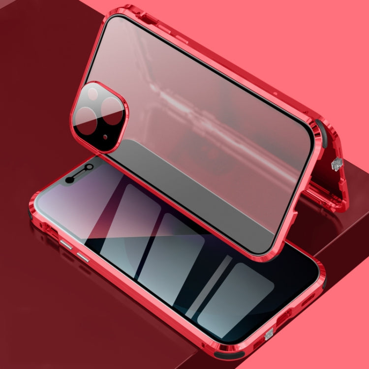 Four-corner Shockproof Anti-peeping Magnetic Metal Frame Double-sided Tempered Glass Case For iPhone 13(Red)