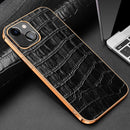Electroplated Edge Crocodile Texture Top Layer Cowhide Leather Back Cover Shockproof Case For iPhone 13(Black)