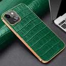 Electroplated Edge Crocodile Texture Top Layer Cowhide Leather Back Cover Shockproof Case For iPhone 13(Green)
