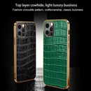 Electroplated Edge Crocodile Texture Top Layer Cowhide Leather Back Cover Shockproof Case For iPhone 13(Green)