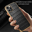 Electroplated Edge Crocodile Texture Top Layer Cowhide Leather Back Cover Shockproof Case For iPhone 13(Black)