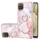 For Samsung Galaxy A12 Electroplating Marble Pattern IMD TPU Shockproof Case with Ring Holder(Rose Gold 005)