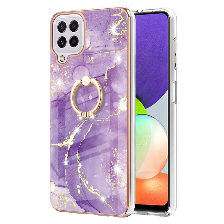 For Samsung Galaxy A22 4G EU Version / M32 Electroplating Marble Pattern IMD TPU Shockproof Case with Ring Holder(Purple 002)