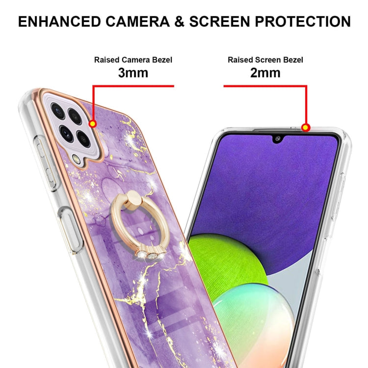 For Samsung Galaxy A22 4G EU Version / M32 Electroplating Marble Pattern IMD TPU Shockproof Case with Ring Holder(Purple 002)