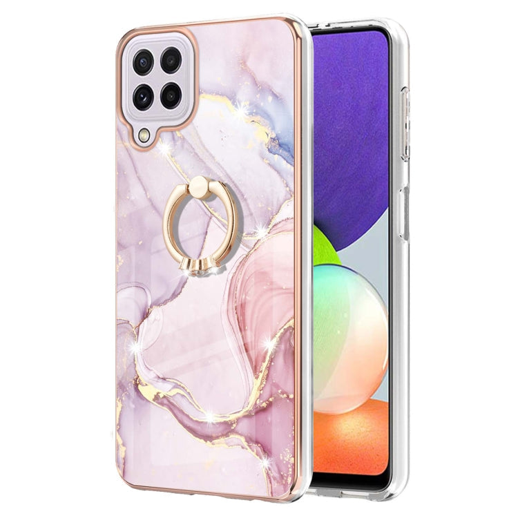 For Samsung Galaxy A22 4G EU Version / M32 Electroplating Marble Pattern IMD TPU Shockproof Case with Ring Holder(Rose Gold 005)