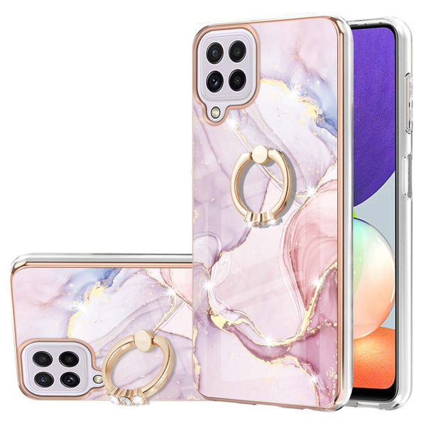 For Samsung Galaxy A22 4G EU Version / M32 Electroplating Marble Pattern IMD TPU Shockproof Case with Ring Holder(Rose Gold 005)