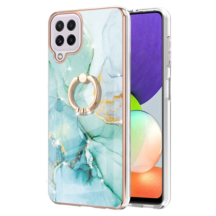 For Samsung Galaxy A22 4G EU Version / M32 Electroplating Marble Pattern IMD TPU Shockproof Case with Ring Holder(Green 003)