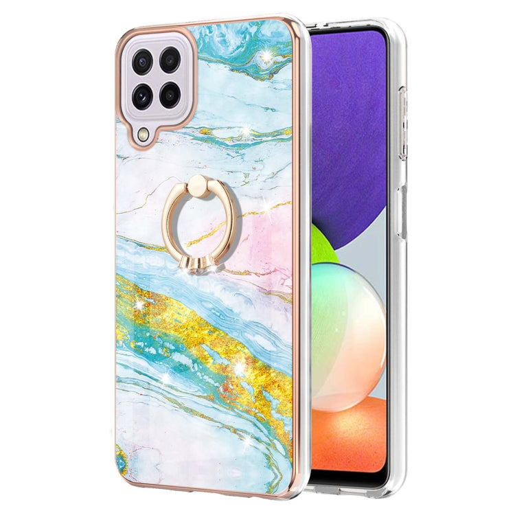 For Samsung Galaxy A22 4G EU Version / M32 Electroplating Marble Pattern IMD TPU Shockproof Case with Ring Holder(Green 004)