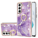 For Samsung Galaxy S21 FE 5G Electroplating Marble Pattern IMD TPU Shockproof Case with Ring Holder(Purple 002)