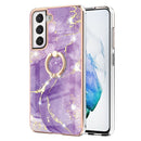 For Samsung Galaxy S21 FE 5G Electroplating Marble Pattern IMD TPU Shockproof Case with Ring Holder(Purple 002)
