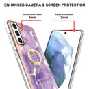 For Samsung Galaxy S21 FE 5G Electroplating Marble Pattern IMD TPU Shockproof Case with Ring Holder(Purple 002)