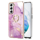 For Samsung Galaxy S21 FE 5G Electroplating Marble Pattern IMD TPU Shockproof Case with Ring Holder(Purple 001)