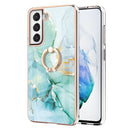 For Samsung Galaxy S21 FE 5G Electroplating Marble Pattern IMD TPU Shockproof Case with Ring Holder(Green 003)
