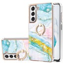 For Samsung Galaxy S21 FE 5G Electroplating Marble Pattern IMD TPU Shockproof Case with Ring Holder(Green 004)