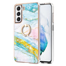 For Samsung Galaxy S21 FE 5G Electroplating Marble Pattern IMD TPU Shockproof Case with Ring Holder(Green 004)