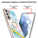For Samsung Galaxy S21 FE 5G Electroplating Marble Pattern IMD TPU Shockproof Case with Ring Holder(Green 004)