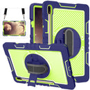 For Samsung Galaxy Tab S7 FE T730 / T735 / Tab S7+ T970 / T975 360 Degree Rotation Contrast Color Shockproof Silicone + PC Case with Holder & Hand Grip Strap & Shoulder Strap(Navy+Yellow Green)