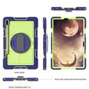 For Samsung Galaxy Tab S7 FE T730 / T735 / Tab S7+ T970 / T975 360 Degree Rotation Contrast Color Shockproof Silicone + PC Case with Holder & Hand Grip Strap & Shoulder Strap(Navy+Yellow Green)