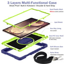 For Samsung Galaxy Tab S7 FE T730 / T735 / Tab S7+ T970 / T975 360 Degree Rotation Contrast Color Shockproof Silicone + PC Case with Holder & Hand Grip Strap & Shoulder Strap(Navy+Yellow Green)