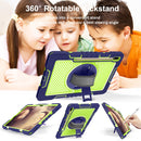 For Samsung Galaxy Tab S7 FE T730 / T735 / Tab S7+ T970 / T975 360 Degree Rotation Contrast Color Shockproof Silicone + PC Case with Holder & Hand Grip Strap & Shoulder Strap(Navy+Yellow Green)