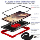 For Samsung Galaxy Tab S7 FE T730 / T735 / Tab S7+ T970 / T975 360 Degree Rotation Contrast Color Shockproof Silicone + PC Case with Holder & Hand Grip Strap & Shoulder Strap(Red+Black)