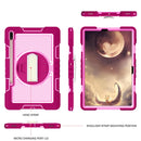 For Samsung Galaxy Tab S7 FE T730 / T735 / Tab S7+ T970 / T975 360 Degree Rotation Contrast Color Shockproof Silicone + PC Case with Holder & Hand Grip Strap & Shoulder Strap(Rose Red+Pink)
