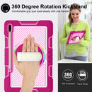 For Samsung Galaxy Tab S7 FE T730 / T735 / Tab S7+ T970 / T975 360 Degree Rotation Contrast Color Shockproof Silicone + PC Case with Holder & Hand Grip Strap & Shoulder Strap(Rose Red+Pink)