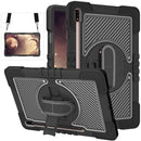 For Samsung Galaxy Tab S7 FE T730 / T735 / Tab S7+ T970 / T975 360 Degree Rotation Contrast Color Shockproof Silicone + PC Case with Holder & Hand Grip Strap & Shoulder Strap(Black)