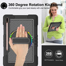 For Samsung Galaxy Tab S7 FE T730 / T735 / Tab S7+ T970 / T975 360 Degree Rotation Contrast Color Shockproof Silicone + PC Case with Holder & Hand Grip Strap & Shoulder Strap(Black)