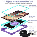 For Samsung Galaxy Tab S7 FE T730 / T735 / Tab S7+ T970 / T975 360 Degree Rotation Contrast Color Shockproof Silicone + PC Case with Holder & Hand Grip Strap & Shoulder Strap(Purple + Mint Green)