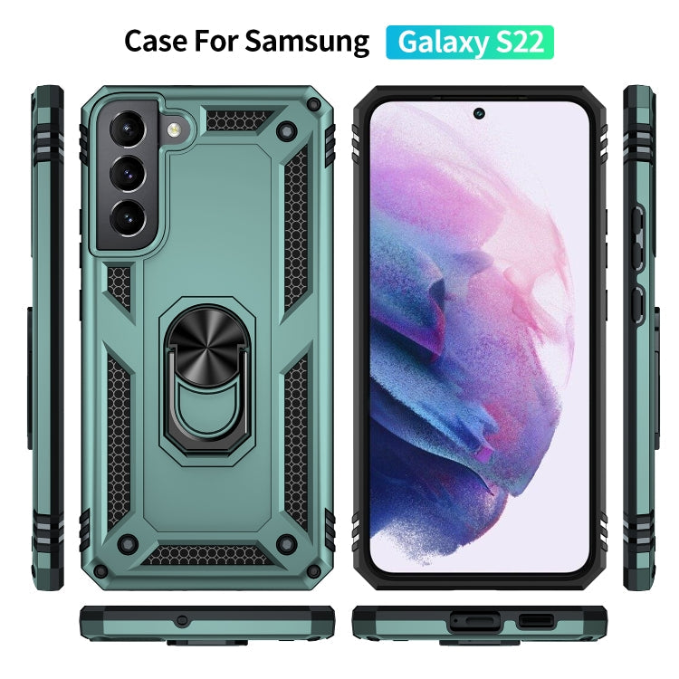 For Samaung Galaxy S22 5G Shockproof TPU + PC Protective Case with 360 Degree Rotating Holder(Dark Green)