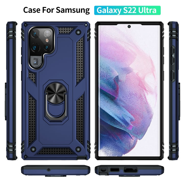 For Samaung Galaxy S22 Ultra 5G Shockproof TPU + PC Protective Case with 360 Degree Rotating Holder(Blue)
