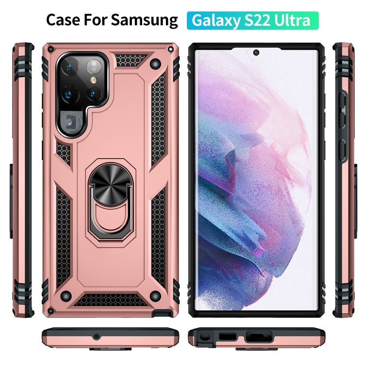 For Samaung Galaxy S22 Ultra 5G Shockproof TPU + PC Protective Case with 360 Degree Rotating Holder(Rose Gold)