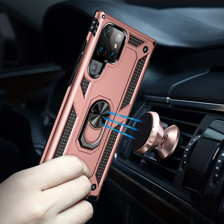 For Samaung Galaxy S22 Ultra 5G Shockproof TPU + PC Protective Case with 360 Degree Rotating Holder(Rose Gold)