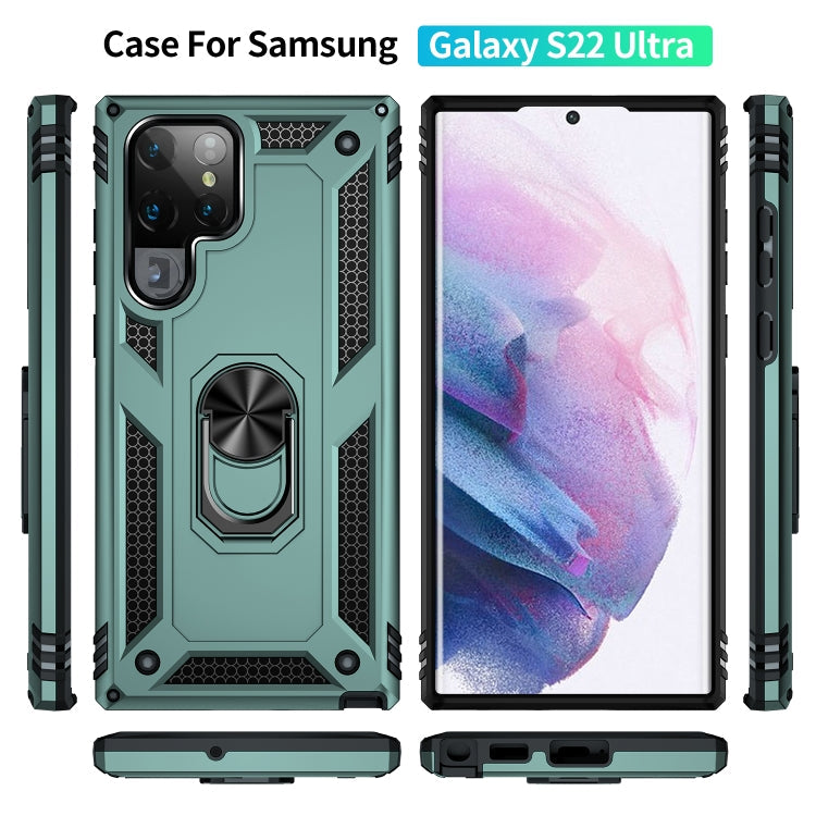 For Samaung Galaxy S22 Ultra 5G Shockproof TPU + PC Protective Case with 360 Degree Rotating Holder(Dark Green)