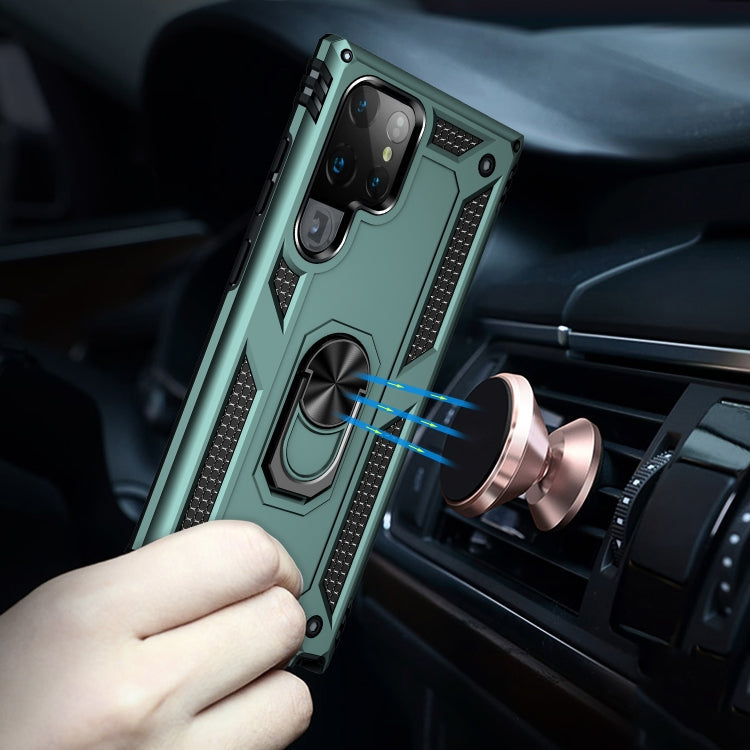 For Samaung Galaxy S22 Ultra 5G Shockproof TPU + PC Protective Case with 360 Degree Rotating Holder(Dark Green)