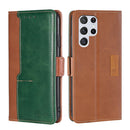 For Samsung Galaxy S22 Ultra 5G Retro Texture Contrast Color Side Buckle Horizontal Flip Leather Case with Holder & Card Slots & Wallet(Light Brown + Green)