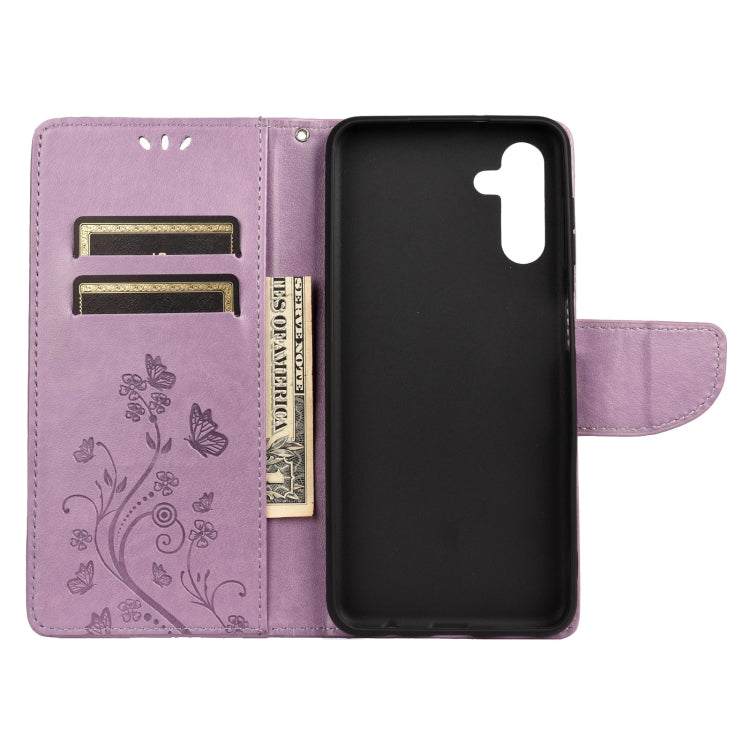 For Samsung Galaxy A13 5G Butterfly Flower Pattern Horizontal Flip Leather Phone Case with Card Slot & Holder(Light Purple)