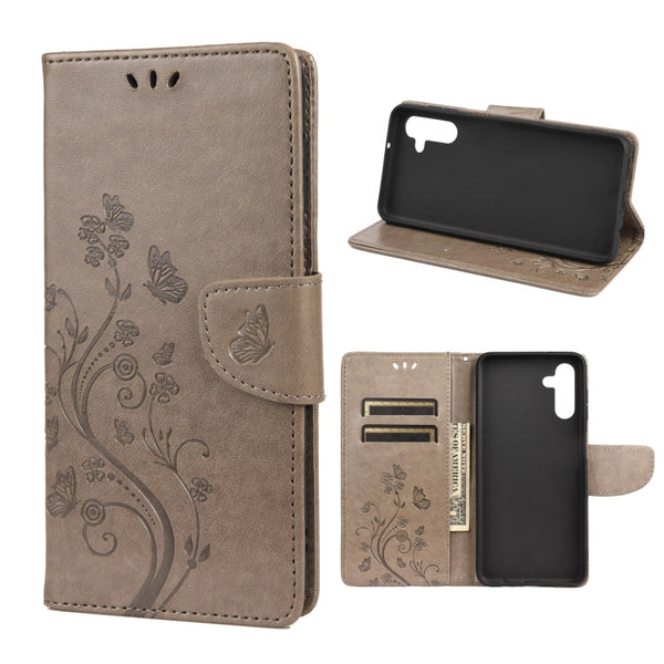 For Samsung Galaxy A13 5G Butterfly Flower Pattern Horizontal Flip Leather Phone Case with Card Slot & Holder(Grey)