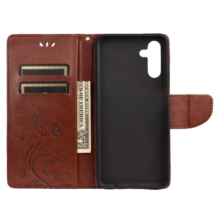For Samsung Galaxy A13 5G Butterfly Flower Pattern Horizontal Flip Leather Phone Case with Card Slot & Holder(Brown)