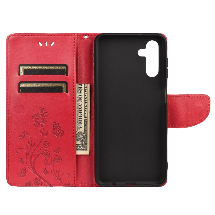 For Samsung Galaxy A13 5G Butterfly Flower Pattern Horizontal Flip Leather Phone Case with Card Slot & Holder(Red)