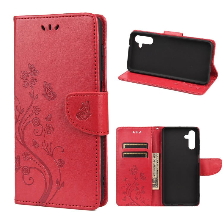 For Samsung Galaxy A13 5G Butterfly Flower Pattern Horizontal Flip Leather Phone Case with Card Slot & Holder(Red)