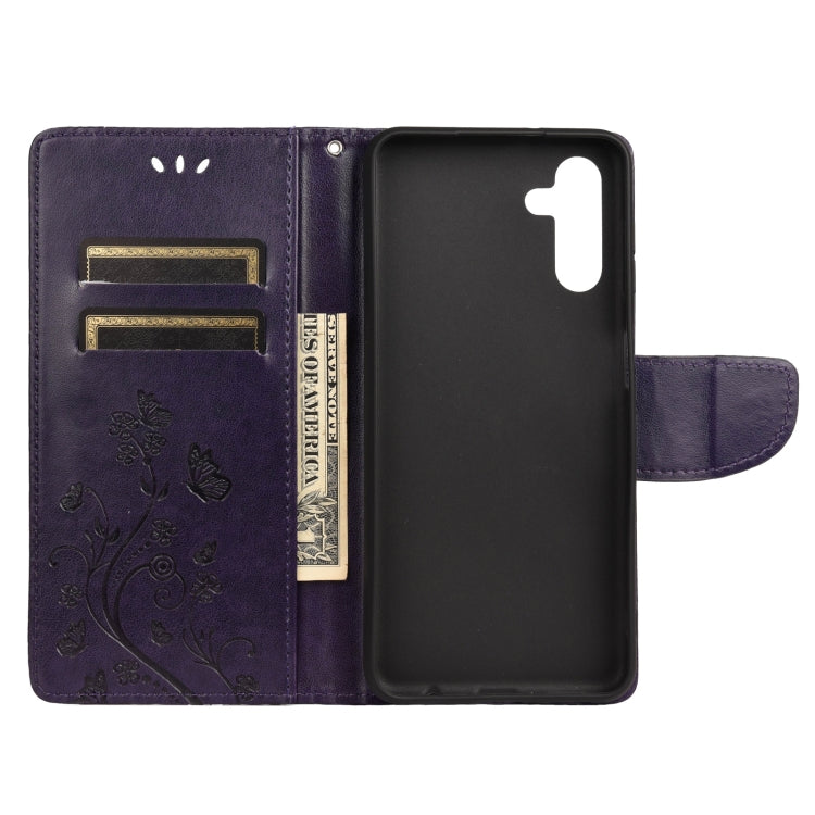 For Samsung Galaxy A13 5G Butterfly Flower Pattern Horizontal Flip Leather Phone Case with Card Slot & Holder(Dark Purple)