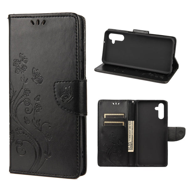 For Samsung Galaxy A13 5G Butterfly Flower Pattern Horizontal Flip Leather Phone Case with Card Slot & Holder(Black)