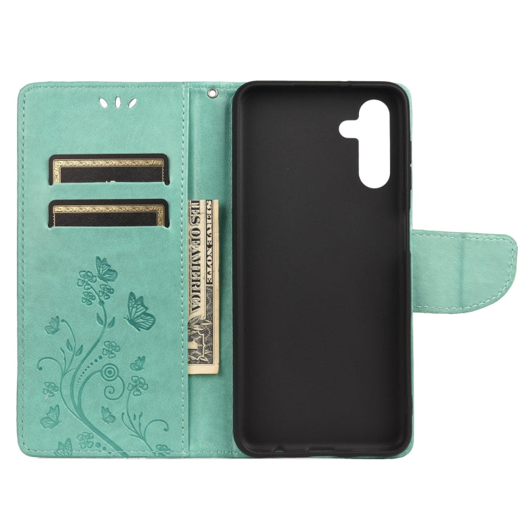 For Samsung Galaxy A13 5G Butterfly Flower Pattern Horizontal Flip Leather Phone Case with Card Slot & Holder(Green)