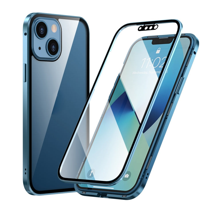 HD Magnetic Metal Frame Double-sided Tempered Glass Phone Case For iPhone 13 mini(Sierra Blue)