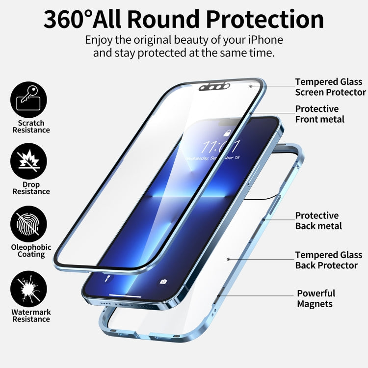 HD Magnetic Metal Frame Double-sided Tempered Glass Phone Case For iPhone 13(Silver)